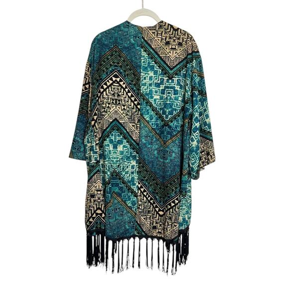 Manito Womens Open Front Kimono One Size Blue Tribal Print Fringe Boho Festival - Picture 4 of 5